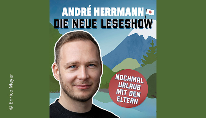 Tourplakat mit André Herrmann vor einer stilisierten Japan-Grafik mit einer Japan-Flagge und dem Fuji-Yama im Hintergrund